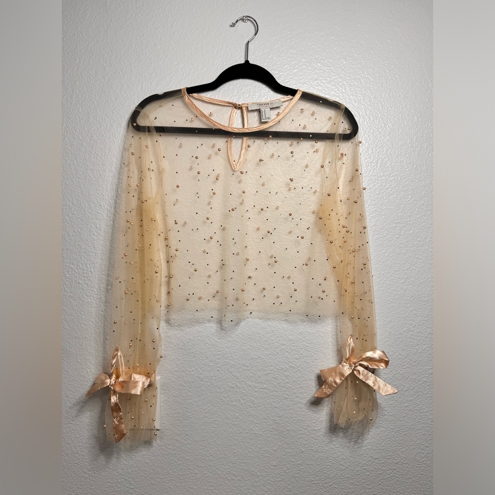 See-through pearled long sleeved top
